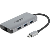 DeLOCK USB 3.2 Gen 1 Hub mit 4 Ports und Gigabit LAN und PD, Dockingstation grau